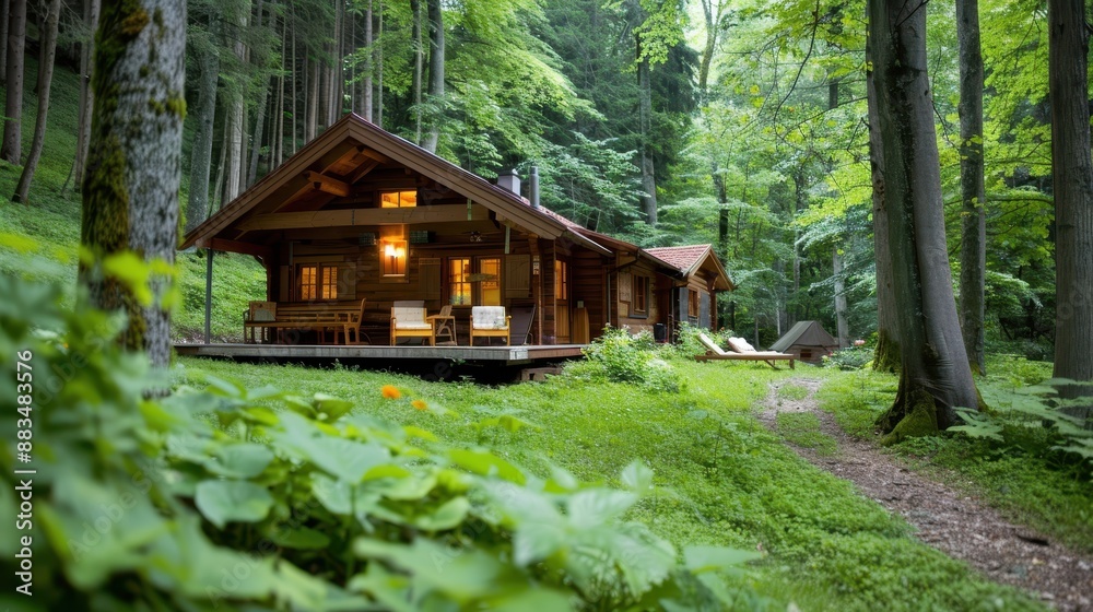 A rustic wooden house nestled within a dense, green forest, featuring a cozy patio and a natural pathway leading up to the entrance, surrounded by vibrant foliage. A rustic wooden house nestled within a dense, green forest, featuring a cozy patio and a natural pathway leading up to the entrance, surrounded by vibrant foliage.