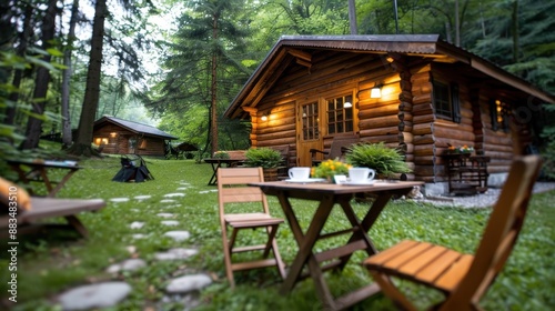 A charming wooden cabin surrounded by tall trees and lush greenery, featuring outdoor seating and a tranquil atmosphere perfect for relaxation and nature lovers.