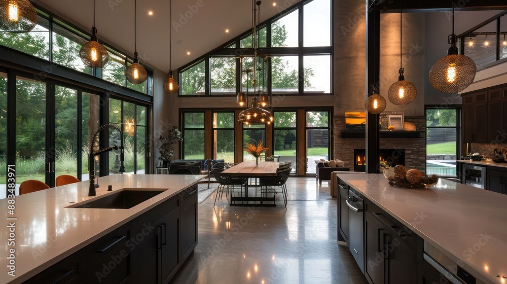 contemporary suburban farmhouse with an open-plan layout, large kitchen island, and industrial light fixtures contemporary suburban farmhouse with an open-plan layout, large kitchen island, and industrial light fixtures