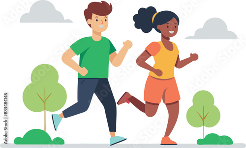 Illustration of two friends jogging in the park on a sunny day