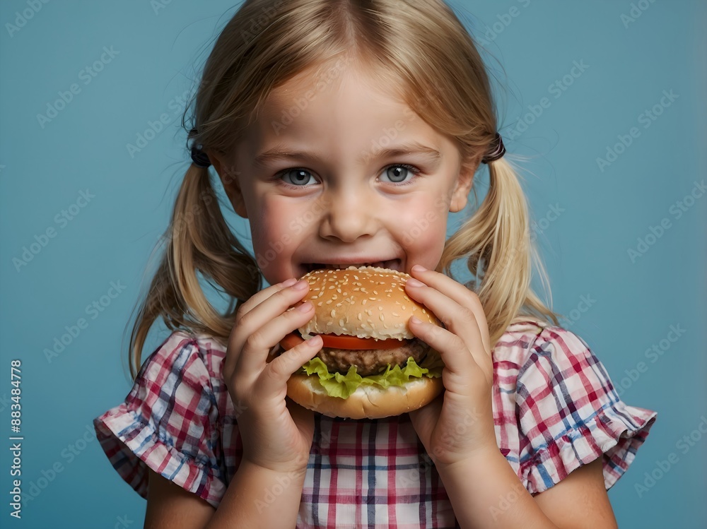 Portrait of a blond little girl eating hamburger, white background with copy space Portrait of a blond little girl eating hamburger, white background with copy space