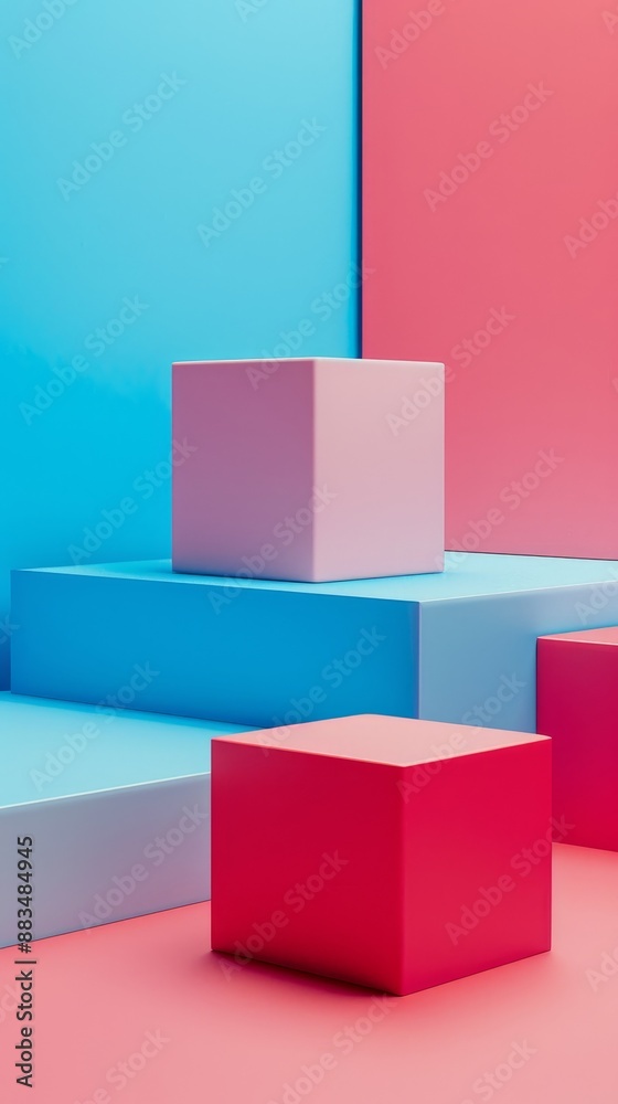 A blue and pink background with three red cubes on top of a blue platform A blue and pink background with three red cubes on top of a blue platform