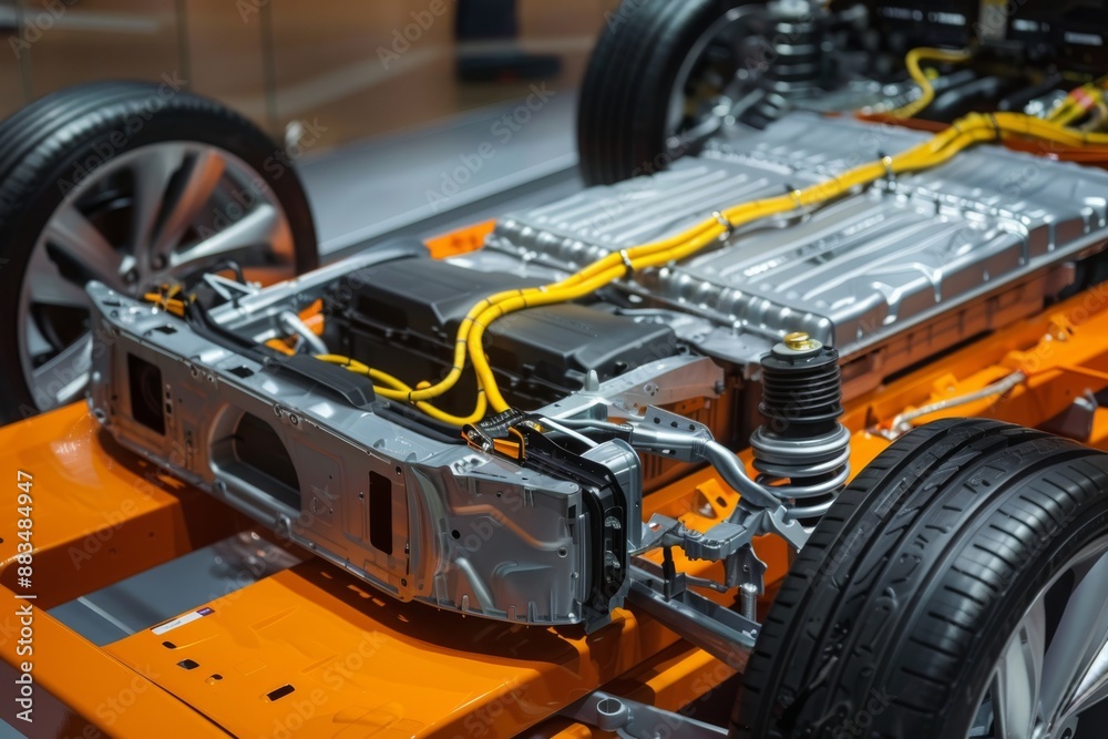 Electric vehicle chassis with battery and powertrain components. Automotive and technology concept. Electric vehicle chassis with battery and powertrain components. Automotive and technology concept.