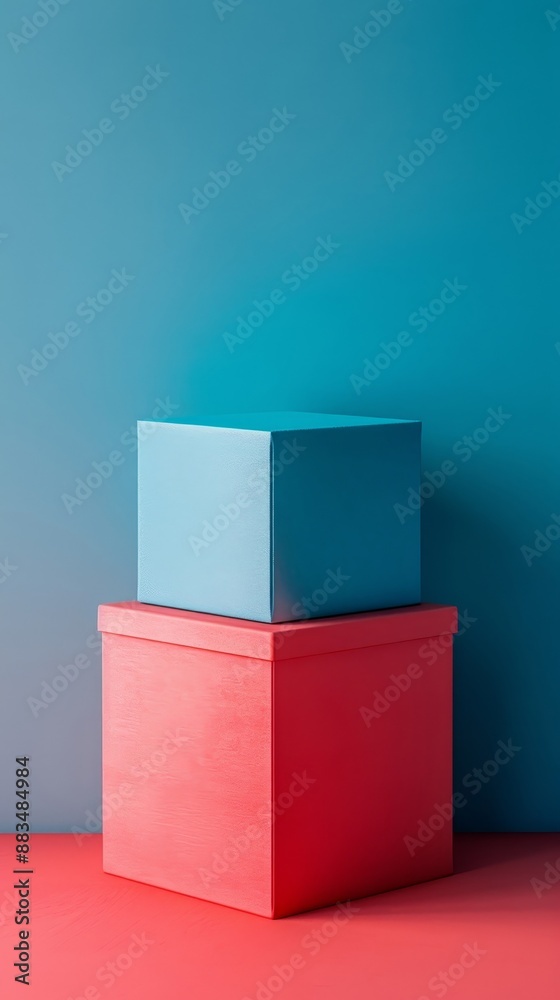 Two boxes stacked on top of each other, one blue and one red Two boxes stacked on top of each other, one blue and one red