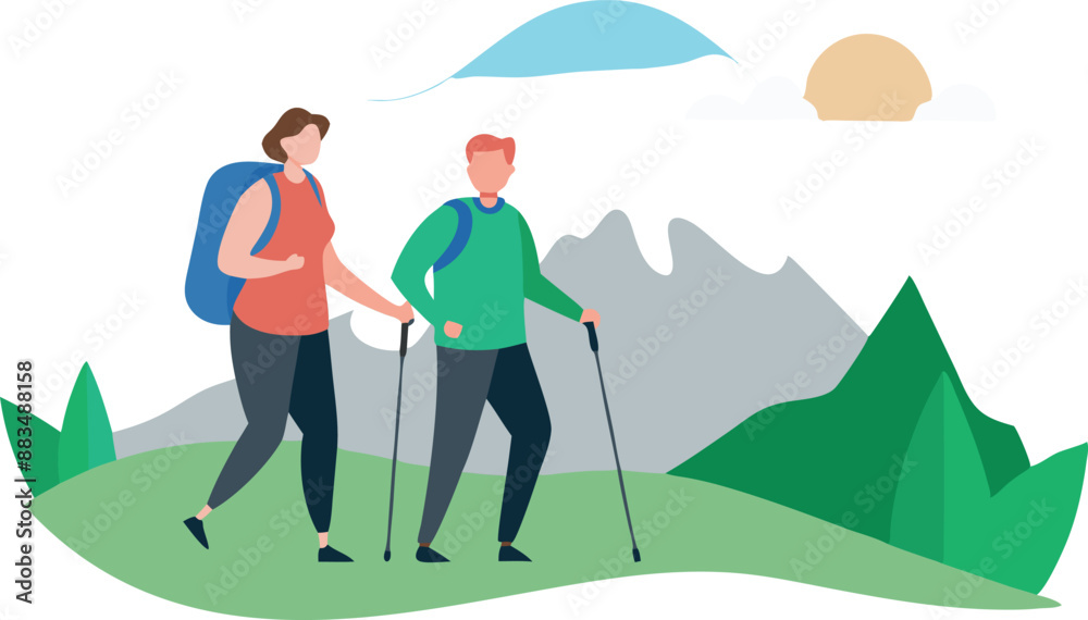 Two people hiking in the mountains with backpacks and walking poles on a sunny day Two people hiking in the mountains with backpacks and walking poles on a sunny day