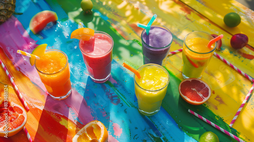 Colorful summer smoothies on an abstract background with straws and fruits. A vibrant color scheme creates a festive feel