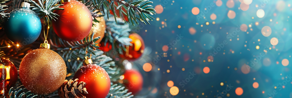 Christbaumkugeln weihnachtliche Dekoration mit weissem Hintergrund platz für Schrift