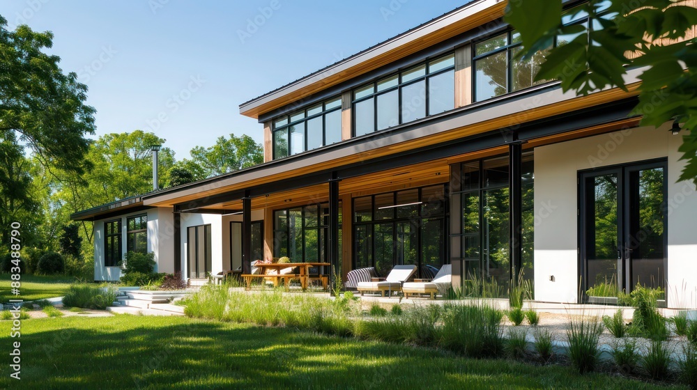 Obraz premium modern suburban farmhouse with a focus on passive solar design, featuring large overhangs and shaded areas