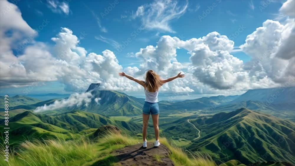 Young woman standing on mountain top enjoying nature. Freedom, travel, adventure concept Young woman standing on mountain top enjoying nature. Freedom, travel, adventure concept