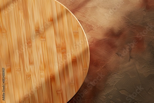 Wooden surface with shadow on textured background.