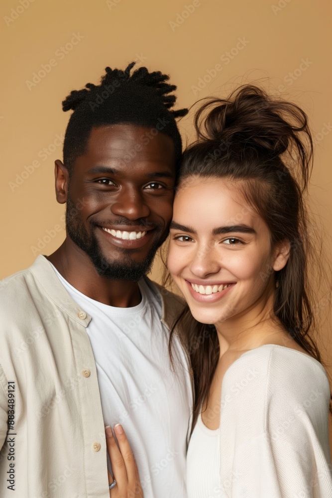 A man and a woman are smiling and hugging each other. The man is wearing a white shirt and the woman is wearing a white sweater. Scene is happy and affectionate