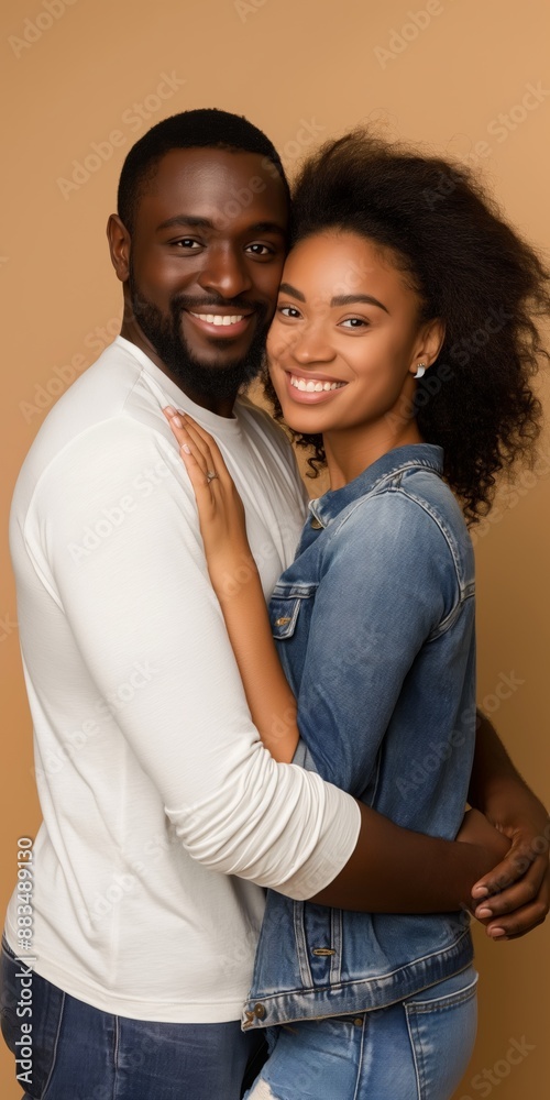 A man and woman are hugging each other. The man is wearing a white shirt and the woman is wearing a blue jacket. They both have smiles on their faces, indicating that they are happy A man and woman are hugging each other. The man is wearing a white shirt and the woman is wearing a blue jacket. They both have smiles on their faces, indicating that they are happy