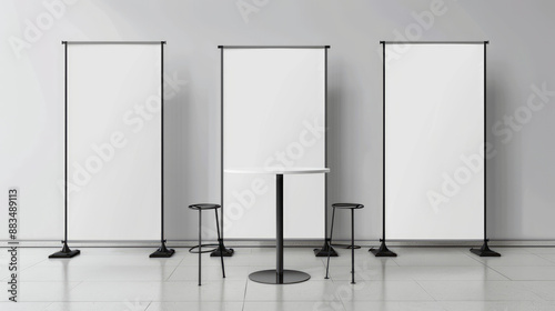 Blank cocktail table, banner stand, backdrop display, and pedestal poster frame for business trade show. photo