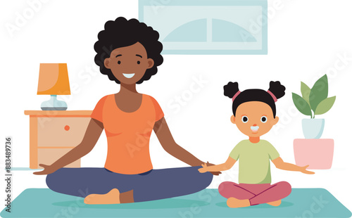 Mother and daughter practicing yoga together at home, bonding through exercise