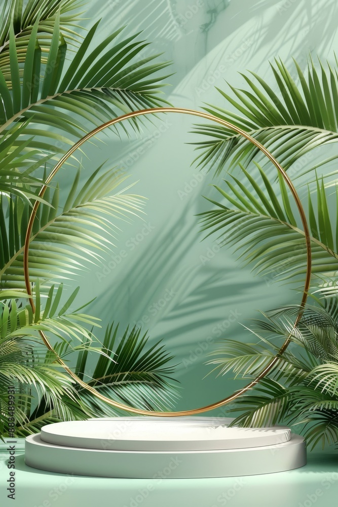 Elegant 3D podium with golden ring and tropical palm leaves in minimalistic green background Elegant 3D podium with golden ring and tropical palm leaves in minimalistic green background