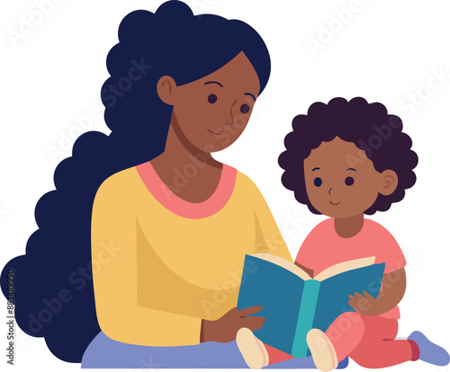 Mother and child reading together while sitting on the floor