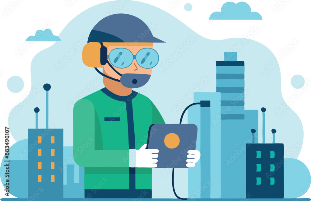 Industrial technician wearing safety gear operating a digital device in an urban cityscape Industrial technician wearing safety gear operating a digital device in an urban cityscape
