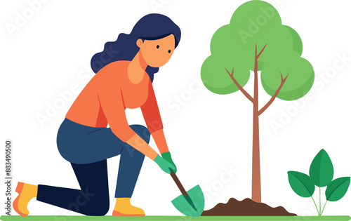 Woman planting tree in garden illustration promoting environmental awareness and sustainability