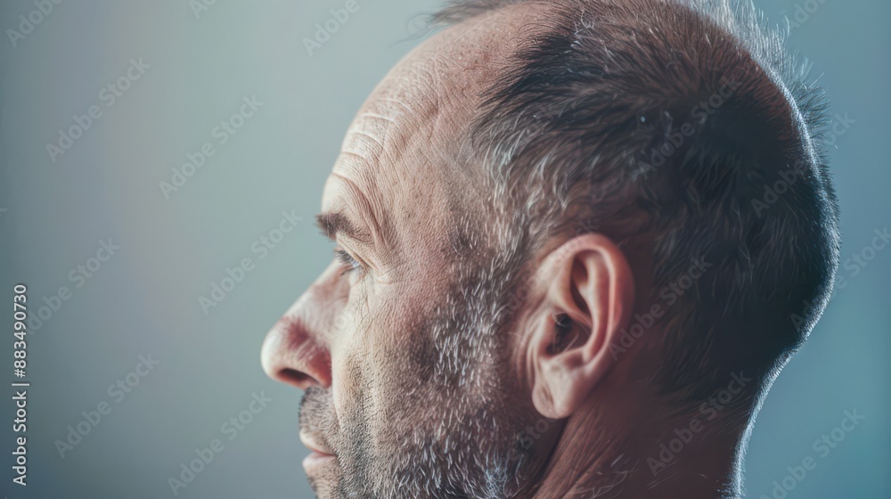 Obraz premium A side view of the head showing hair loss on the top and sides due to work and stress