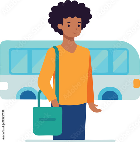 Illustration of person waiting for public transportation at bus stop with blue bus in background