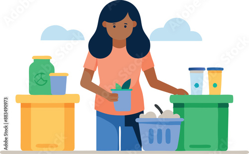 Woman sorting recyclable materials and waste at home for environmental sustainability