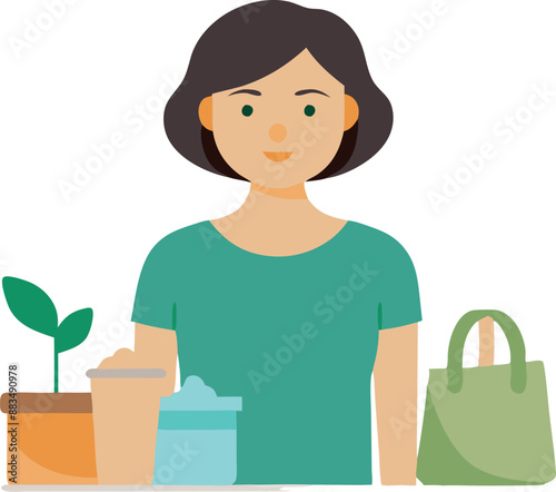 Illustration of a woman with eco-friendly lifestyle items including a plant and reusable containers