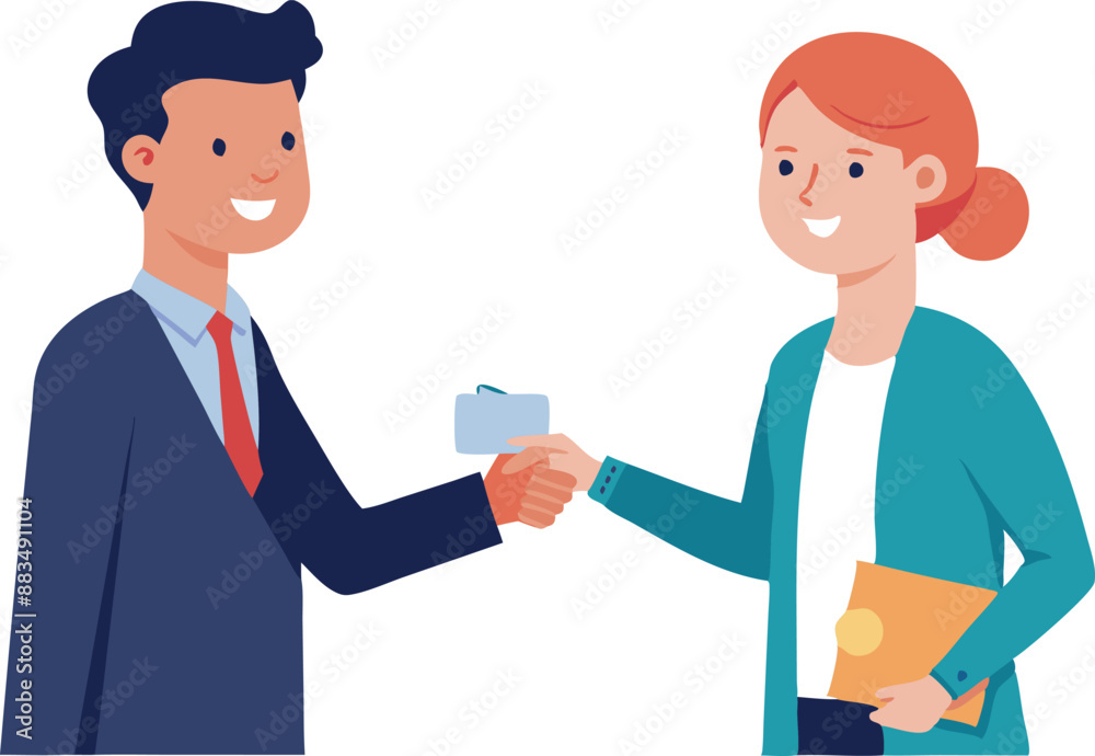Business partners shaking hands and exchanging ID card in a friendly meeting Business partners shaking hands and exchanging ID card in a friendly meeting