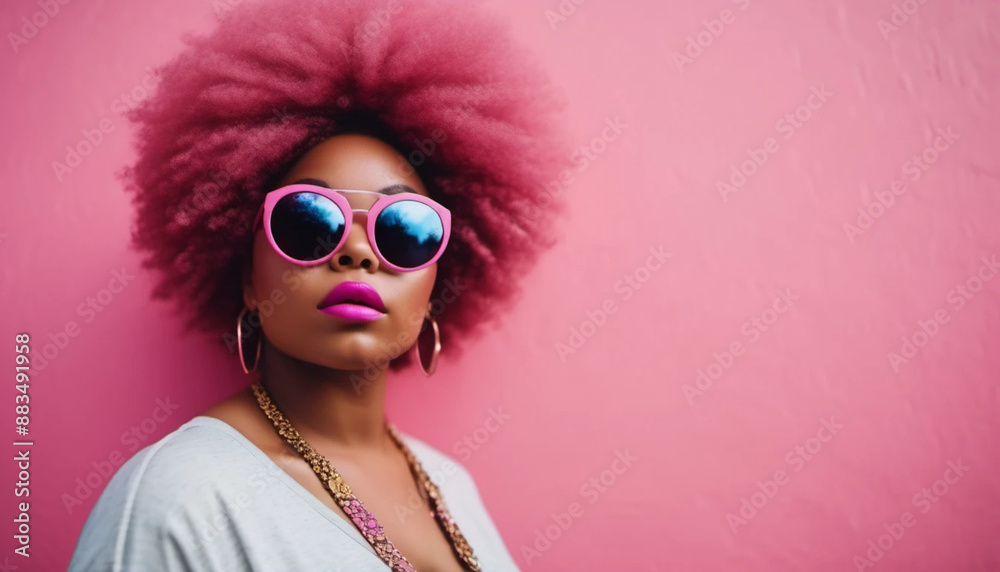 African American woman with pink round afro and sunglasses on pink background. 