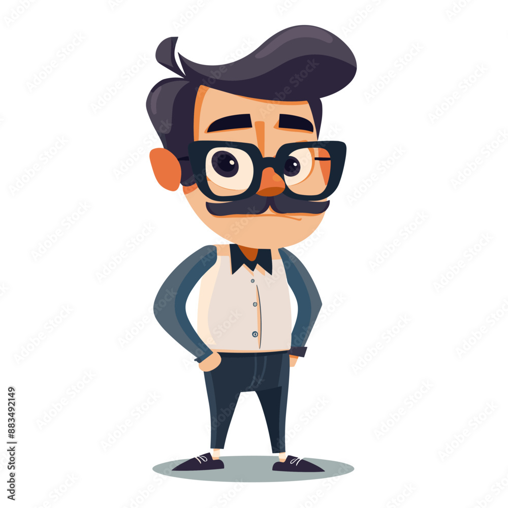 A man with glasses and a mustache stands with his hands on his hips. He is wearing a white shirt and blue pants