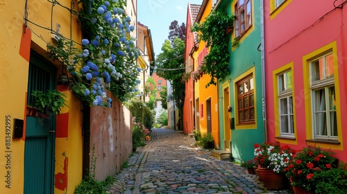 A photograph of colorful houses lining a charming narrow alleyway, with vibrant facades, flower-filled windowsills, and cobblestone pavement