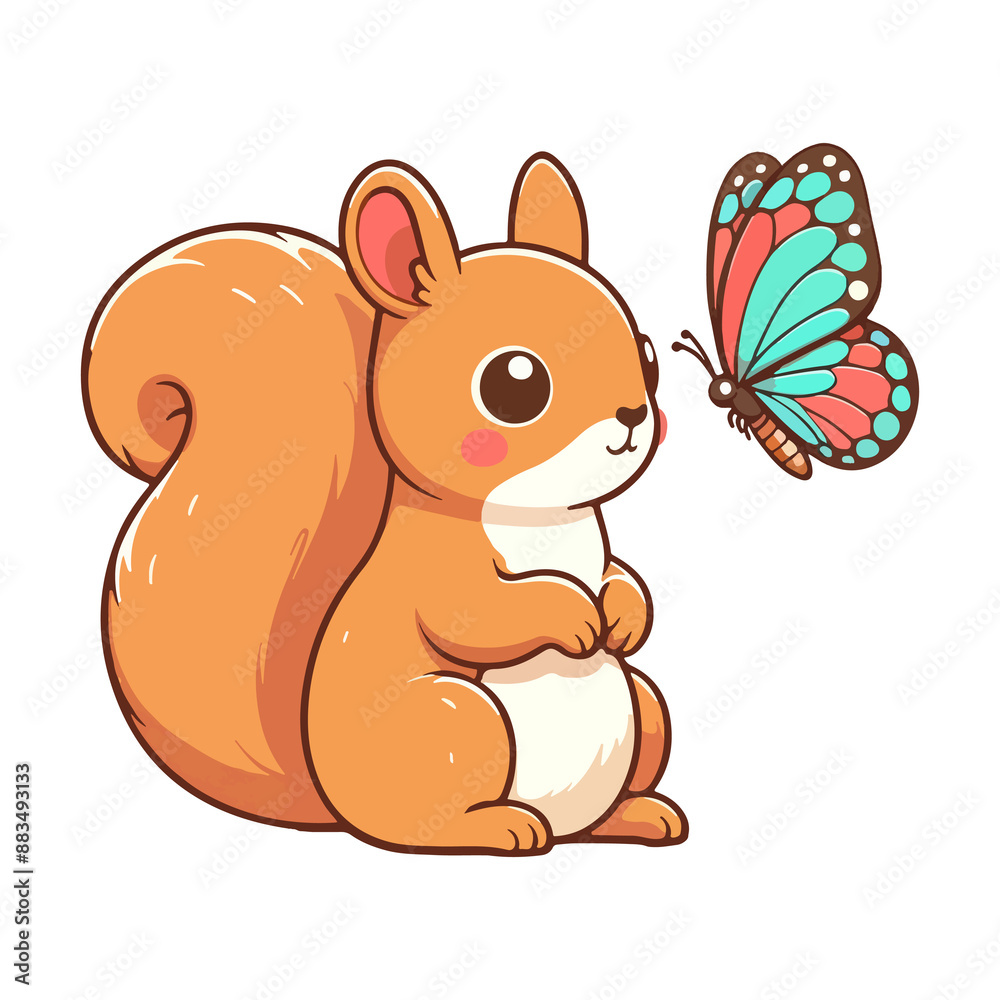 cute squirrel playing with butterfly icon character