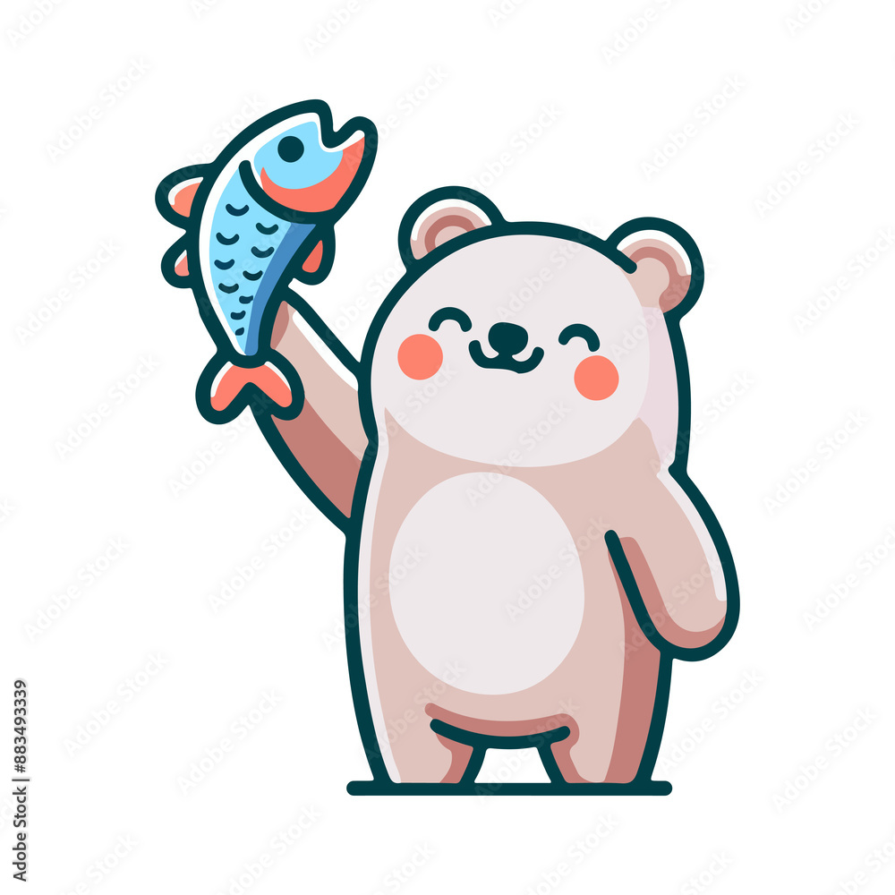 cute bear catches fish icon character cute bear catches fish icon character