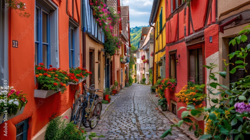 A photograph of colorful houses lining a charming narrow alleyway, with vibrant facades, flower-filled windowsills, and cobblestone pavement A photograph of colorful houses lining a charming narrow alleyway, with vibrant facades, flower-filled windowsills, and cobblestone pavement