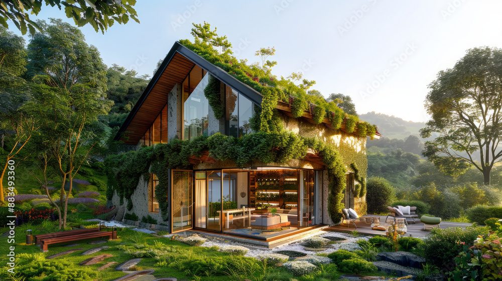 Eco-friendly homes are designed to reduce environmental impact by using renewable energy sources and sustainable materials, symbolized by a green rosette and leaves.