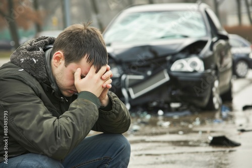 young sad and depressed man sitting on the street with broken car in the background suffering depression problem and broken car accident. Car Insurance agency Concept with copy space. © John Martin