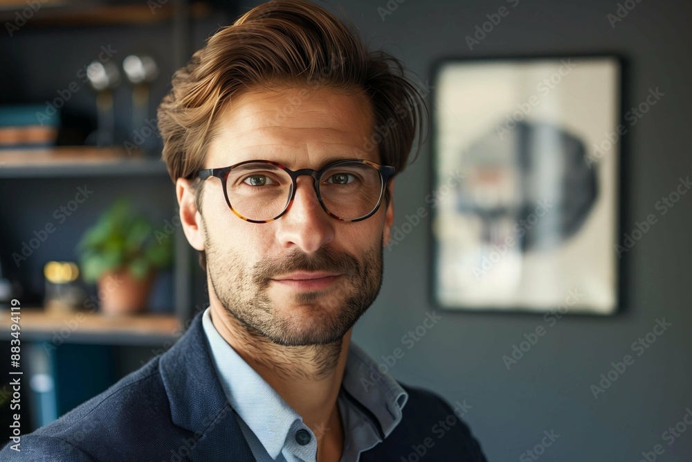 Portrait of a confident businessman, entrepreneur, owner, or investor wearing glasses in a contemporary office environment. Portrait of a confident businessman, entrepreneur, owner, or investor wearing glasses in a contemporary office environment.