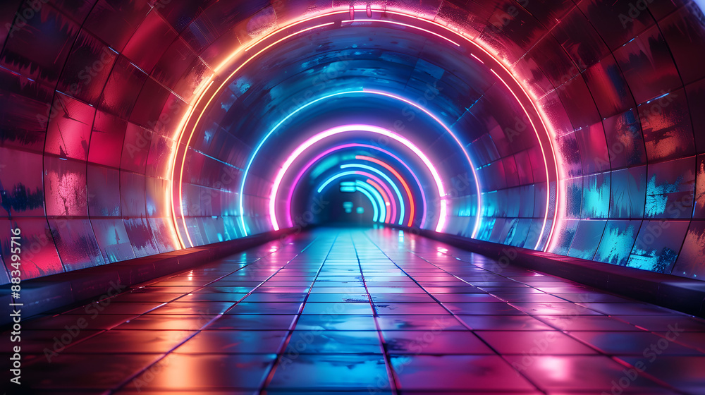 The neon lights cast a surreal glow, revealing the emptiness of the abandoned tunnel, creating an eerie atmosphere The neon lights cast a surreal glow, revealing the emptiness of the abandoned tunnel, creating an eerie atmosphere