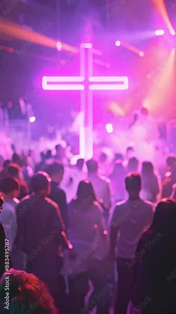 Crowd Christian party in club with big glowing cross. Christian worship ...