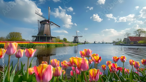 Beautiful colorful tulip field and traditional windmill at waterfront in country side.