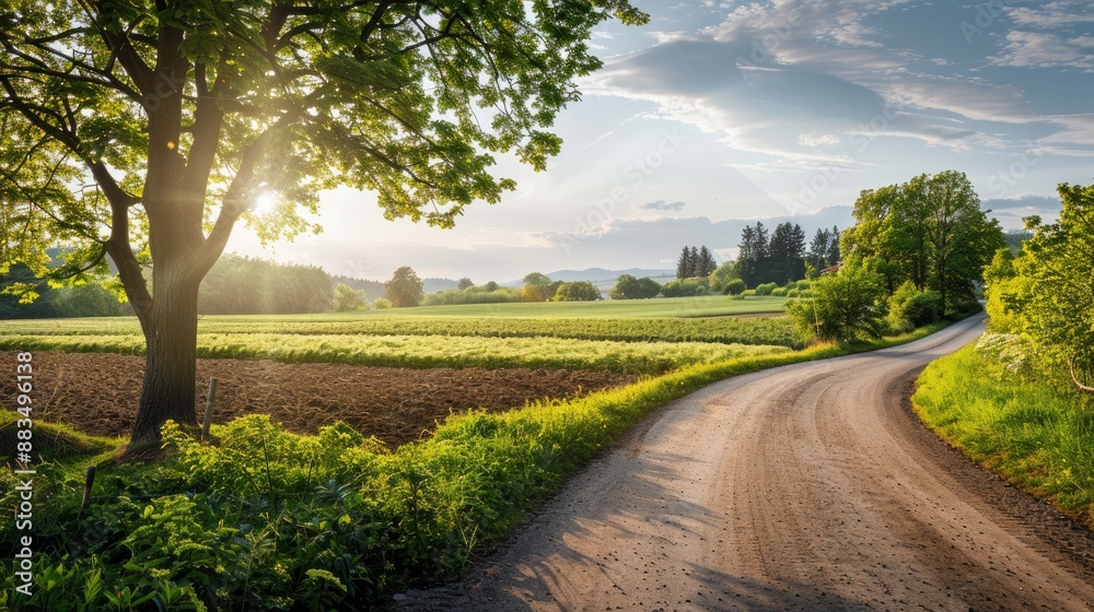 A picturesque village road splits a cultivated field from a verdant lawn with a few trees. A picturesque village road splits a cultivated field from a verdant lawn with a few trees.