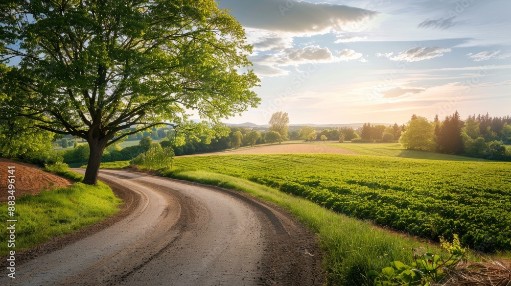 A picturesque village road splits a cultivated field from a verdant lawn with a few trees. A picturesque village road splits a cultivated field from a verdant lawn with a few trees.