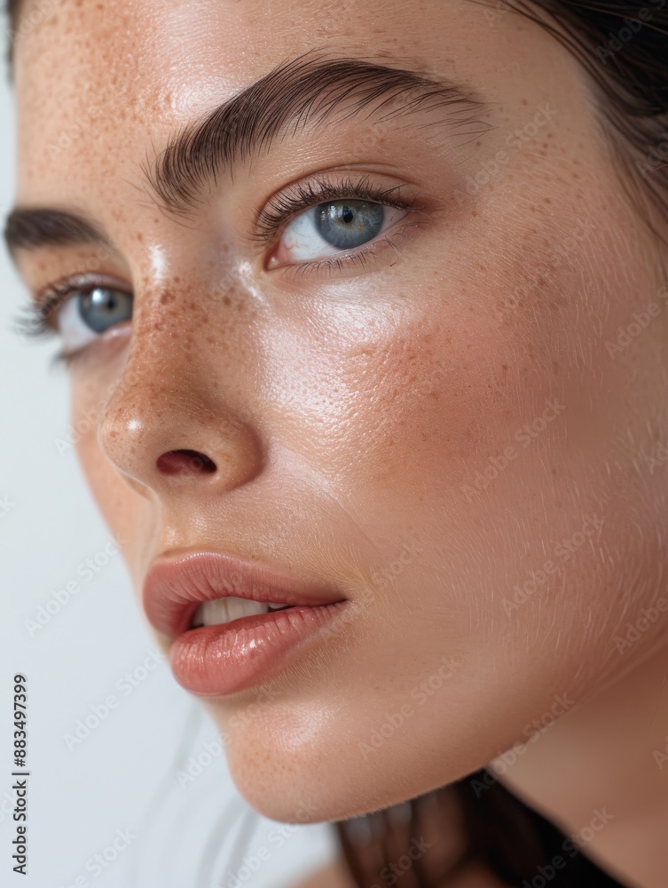 Fototapeta premium A close-up portrait of the model's face, focusing on her lips and nose with soft lighting to highlight their natural beauty
