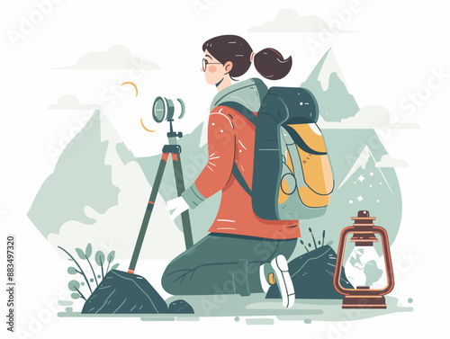 A woman is sitting on the ground with a camera and a tripod. She is wearing a red jacket and a backpack. The scene is set in a mountainous area