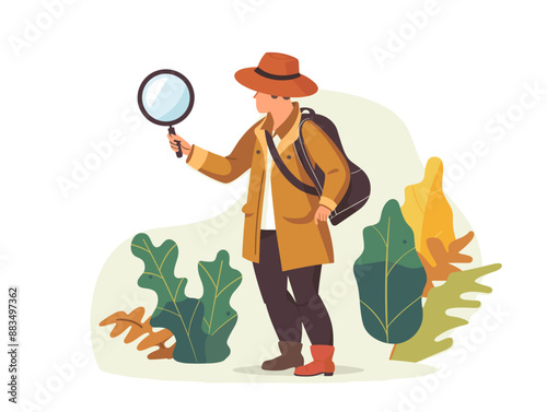 A man in a hat is holding a magnifying glass and looking at something. He is wearing a backpack and a jacket