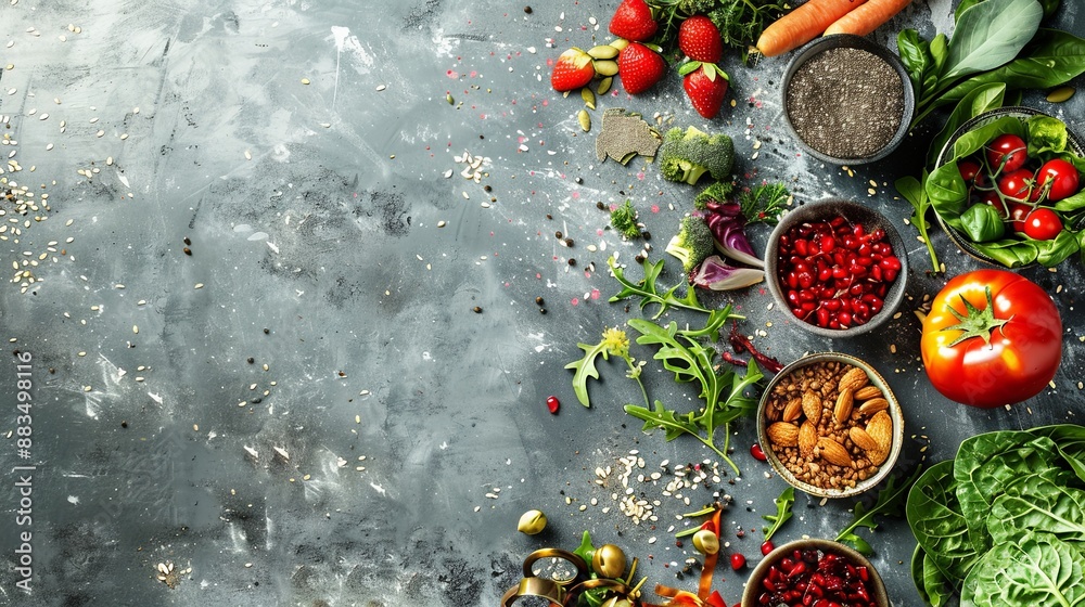 Fresh Produce and Superfoods Arranged on a Gray Concrete Background Fresh Produce and Superfoods Arranged on a Gray Concrete Background