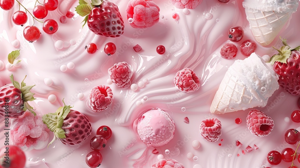 Pink Ice Cream and Fresh Berries Swirl on a Creamy Background Pink Ice Cream and Fresh Berries Swirl on a Creamy Background