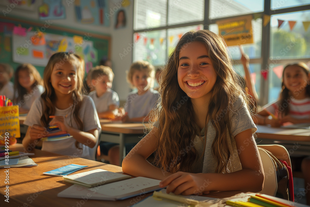 A girl is smiling in a classroom with other children A girl is smiling in a classroom with other children