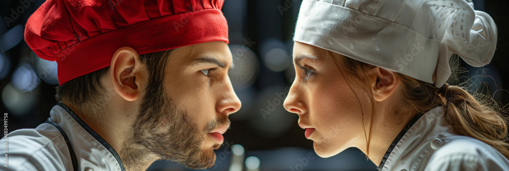 Obraz premium A Culinary Confrontation: Two Chefs Lock Eyes In The Heart Of The Kitchen