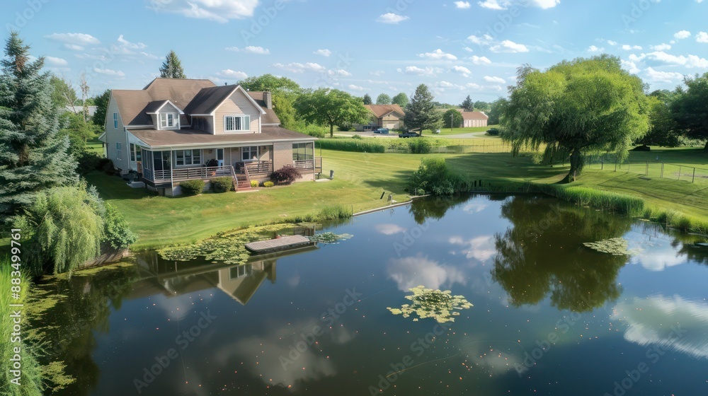 Obraz premium suburban farmhouse with a small, private lake in the back, perfect for fishing, boating, and summer picnics