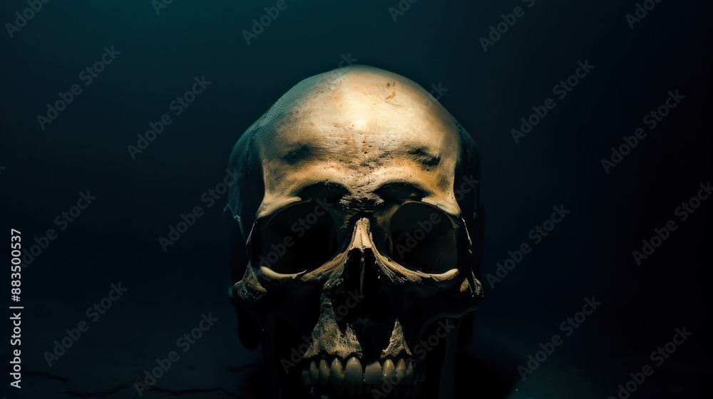 A skull illuminated with subtle light, set against a dark background, creates a mysterious atmosphere. Perfect for illustrating articles about mystery, horror and gothic style. A skull illuminated with subtle light, set against a dark background, creates a mysterious atmosphere. Perfect for illustrating articles about mystery, horror and gothic style.